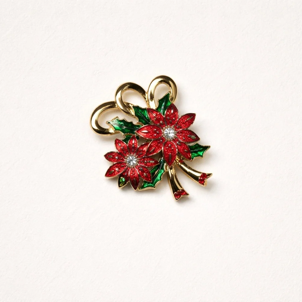 Napier Red Enamel and Rhinestone Poinsettia Pin Brooch.